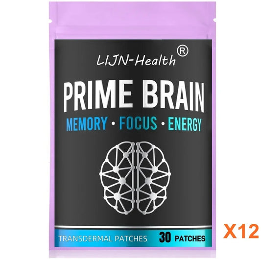 30 Patches Prime Brain Transdermal Patches Ginkgo Biloba, Lion's Mane Mushroom, Vitamin B12 for Memory, Focus Support