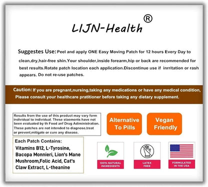 30 Patches Prime Brain Transdermal Patches Ginkgo Biloba, Lion's Mane Mushroom, Vitamin B12 for Memory, Focus Support