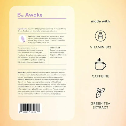 B12 Awake Transdermal Patches with Plant-Based Ingredients, Infused with Caffeine, B12, and Green Tea Extract 30 Patches